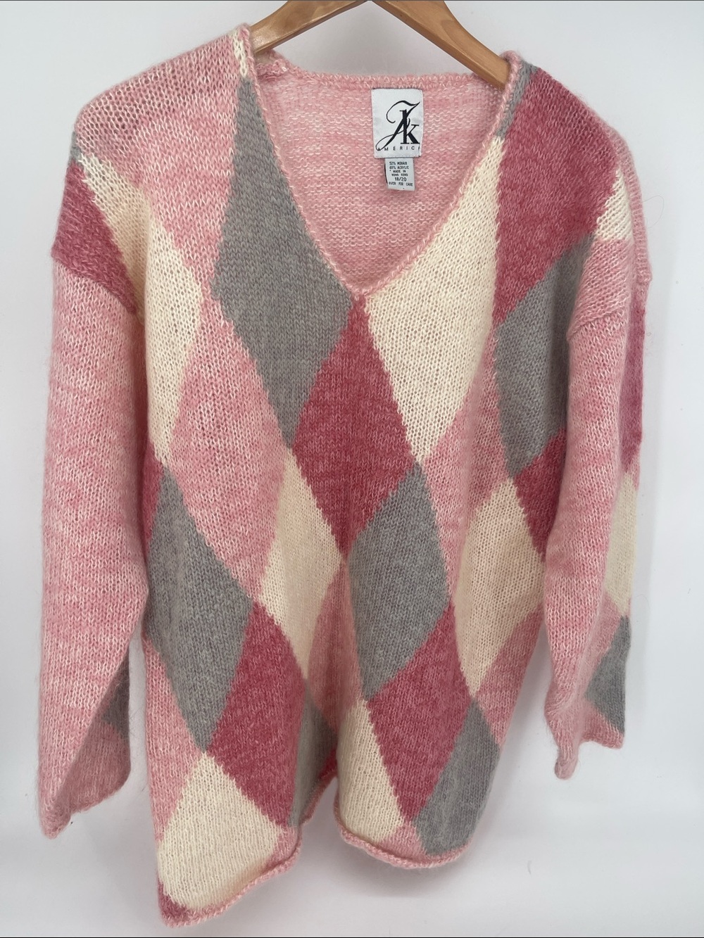 Vintage JK America Pink Argyle Mohair V-Neck Women’s Sweater 18/20